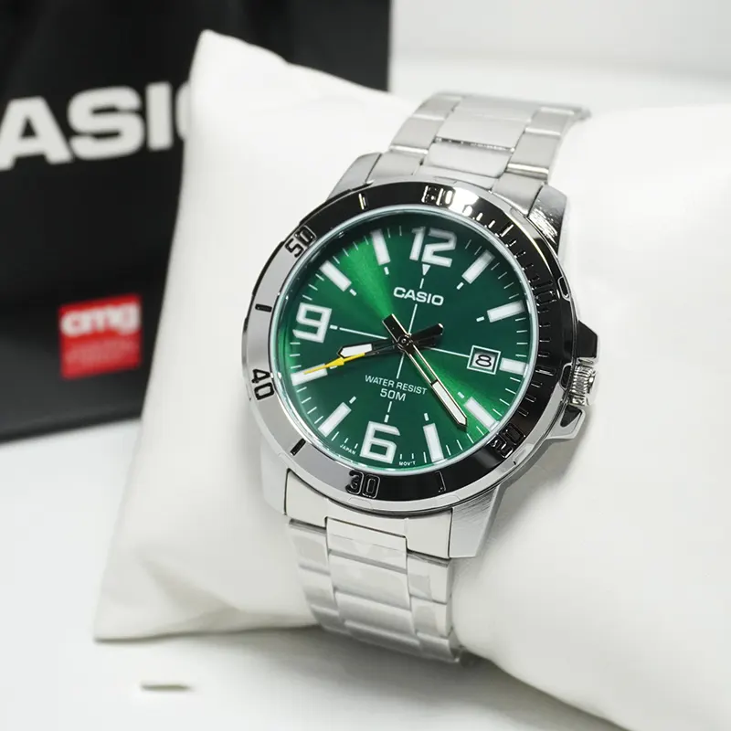 Casio Enticer Green Dial Silver Band Men's Watch- MTP-VD01D-3BV